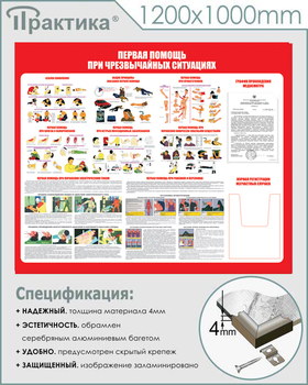 С19 Стенд первая помощь (при чрезвычайных ситуациях) (1200х1000 мм, карманы, пластик ПВХ 3 мм, алюминиевый багет серебряного цвета) - Стенды - Стенды по первой медицинской помощи - магазин "Охрана труда и Техника безопасности"